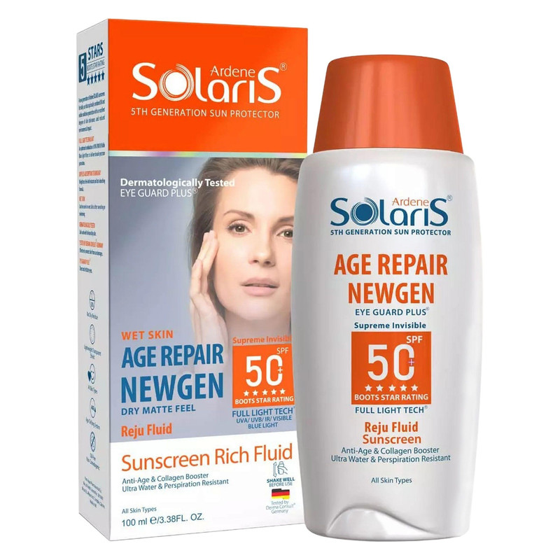 لوسیون ضد آفتاب بی‌رنگ آردن سولاریس، SPF 50، مدل Age Repair Newgen، مناسب انواع پوست با حجم  100 میلی‌لیتر