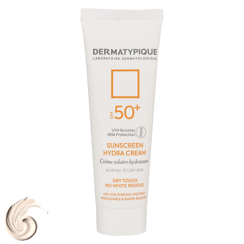 کرم ضد آفتاب بدون رنگ درماتیپیک، SPF50، مدل هیدرا، مناسب پوست نرمال تا خشک و حجم 50 میلی‌لیتر