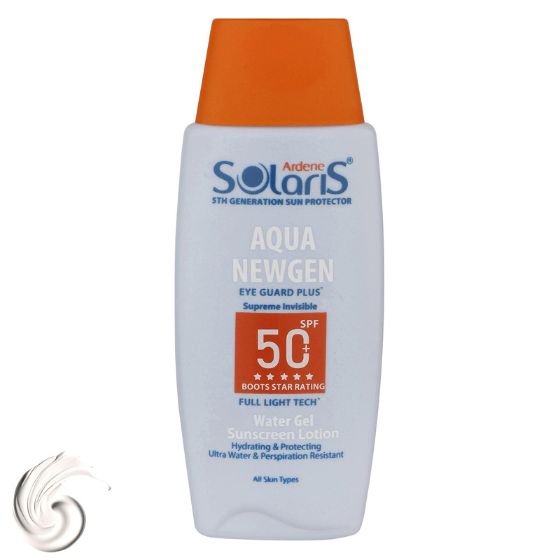 لوسیون واتر ژل ضد آفتاب بدون رنگ آردن سولاریس، SPF50، مدل AQUA NEWGEN، مناسب انواع پوست و حجم 100 میلی‌لیتر